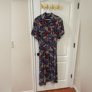 Ralph Lauren Floral Midi Dress in Blue and Red Vintage Size 14